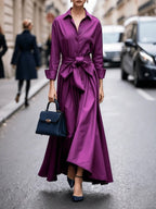 Women's maxi shirt dress with long sleeves and adjustable tie waist, elegant style