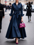 Women's maxi shirt dress with long sleeves and adjustable tie waist, elegant style