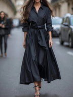 Women's maxi shirt dress with long sleeves and adjustable tie waist, elegant style