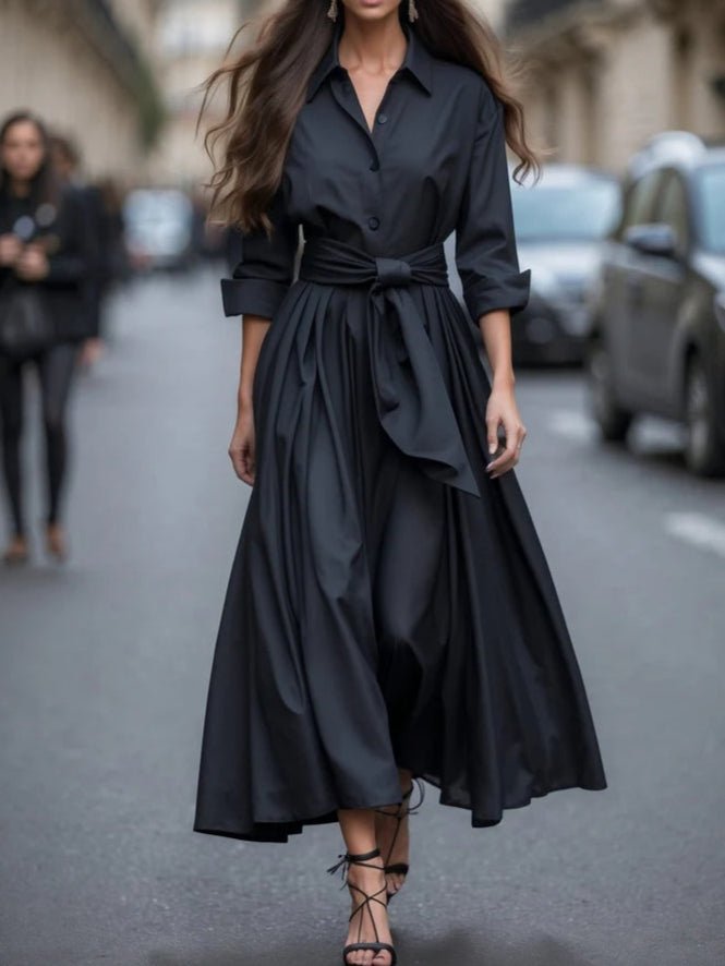 Women's maxi shirt dress with long sleeves and adjustable tie waist, elegant style