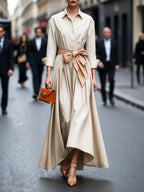Women's maxi shirt dress with long sleeves and adjustable tie waist, elegant style