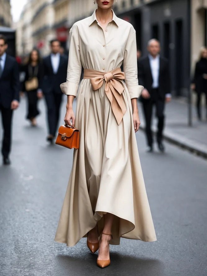 Women's maxi shirt dress with long sleeves and adjustable tie waist, elegant style