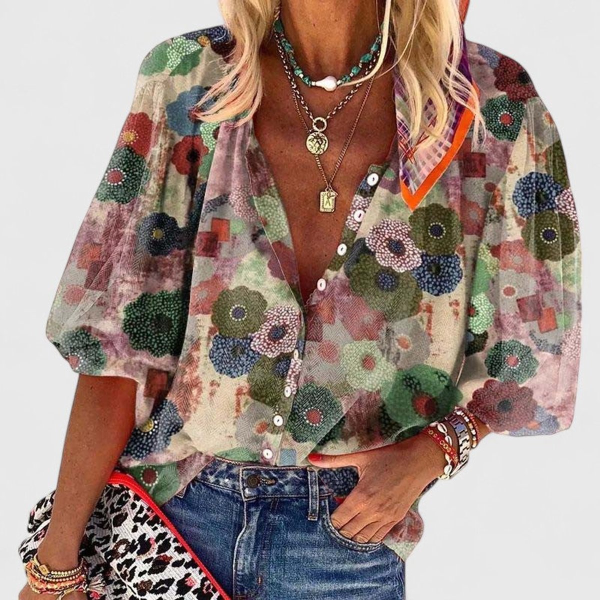 Women floral print long sleeve blouse V neck relaxed fit with button placket