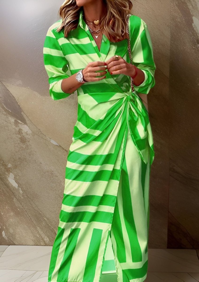 Women's long sleeve striped wrap dress with V-neckline and midi length