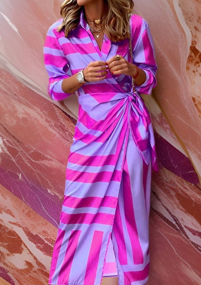 Women's long sleeve striped wrap dress with V-neckline and midi length