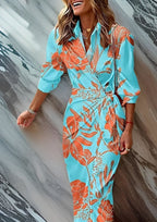 Women's long sleeve striped wrap dress with V-neckline and midi length