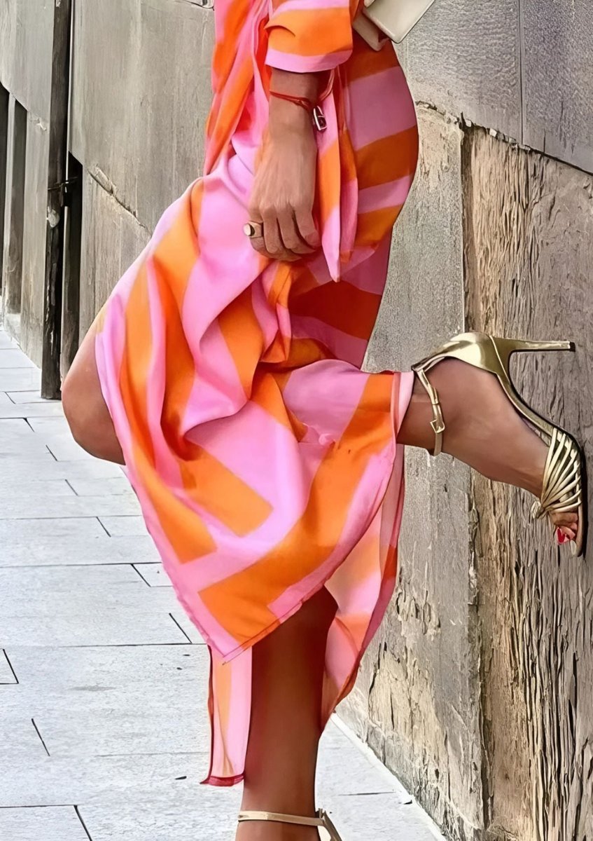 Women's long sleeve striped wrap dress with V-neckline and midi length