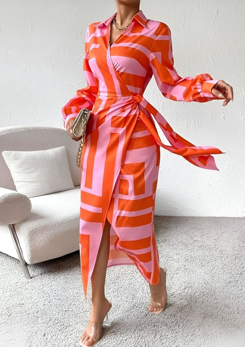 Women's long sleeve striped wrap dress with V-neckline and midi length