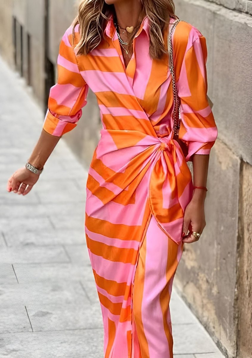 Women's long sleeve striped wrap dress with V-neckline and midi length