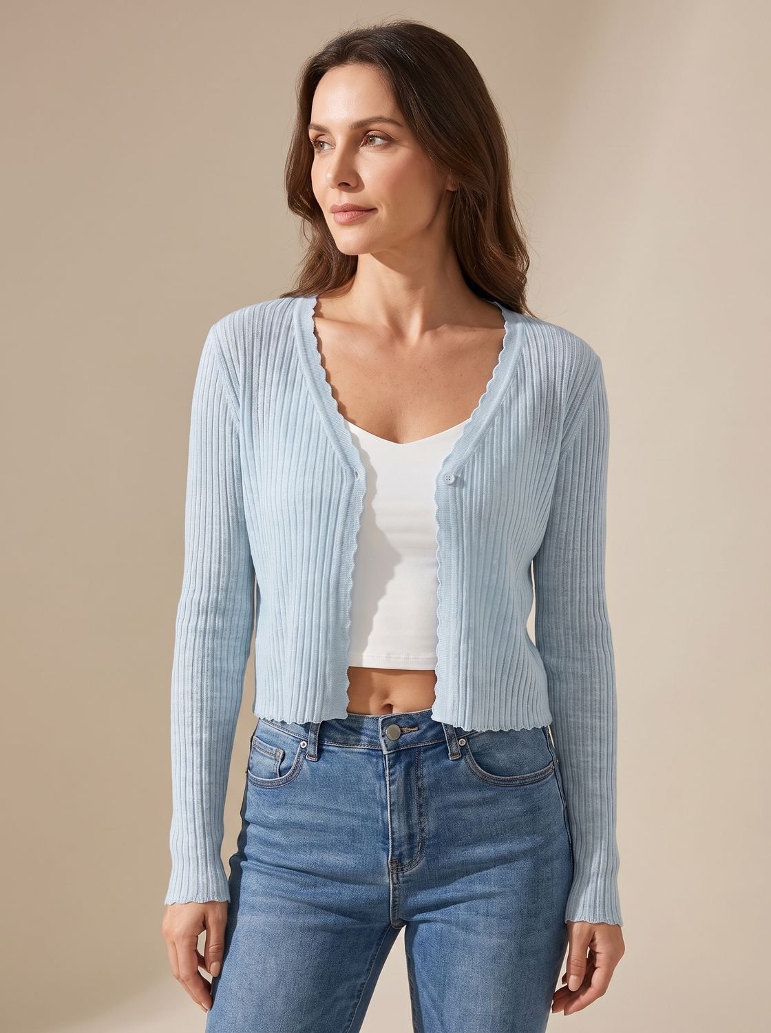 Women's lightweight summer knit cardigan with V-neckline and open button front