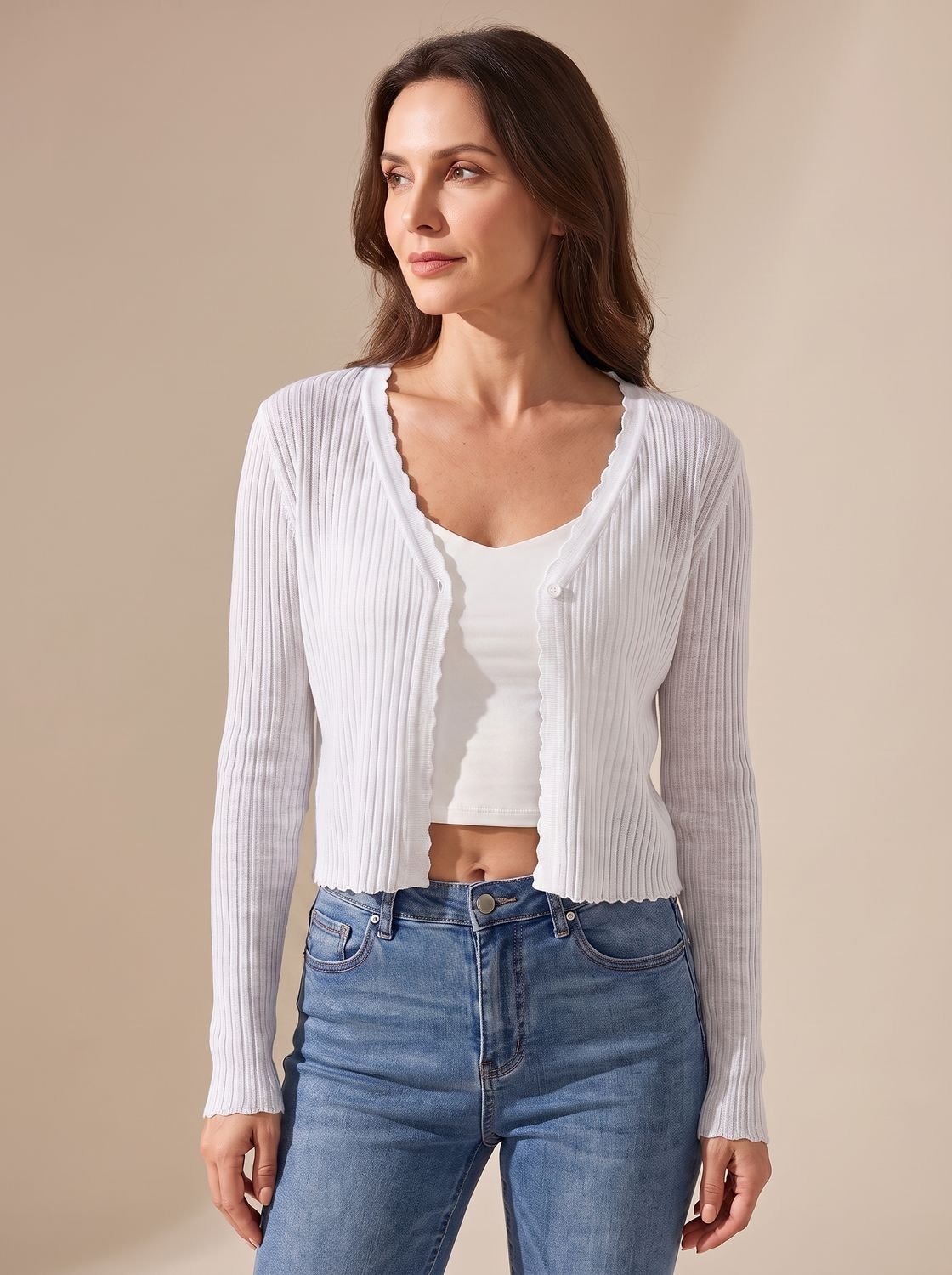 Women's lightweight summer knit cardigan with V-neckline and open button front