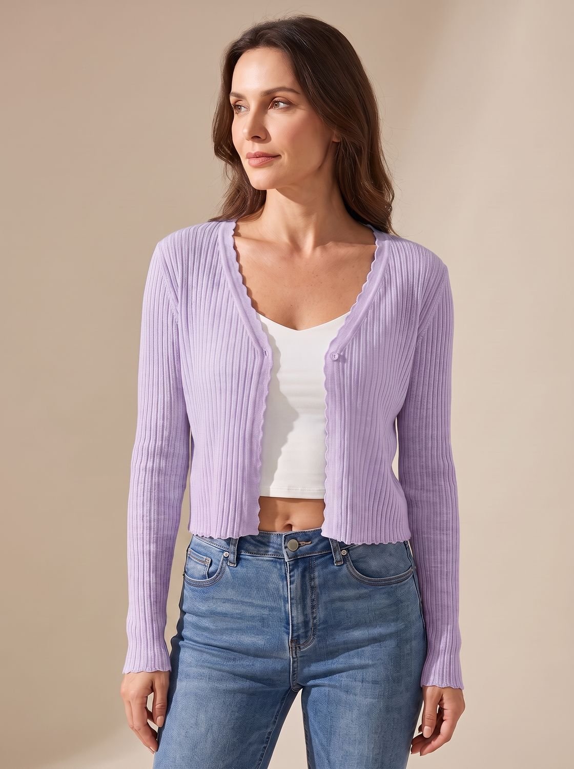 Women's lightweight summer knit cardigan with V-neckline and open button front