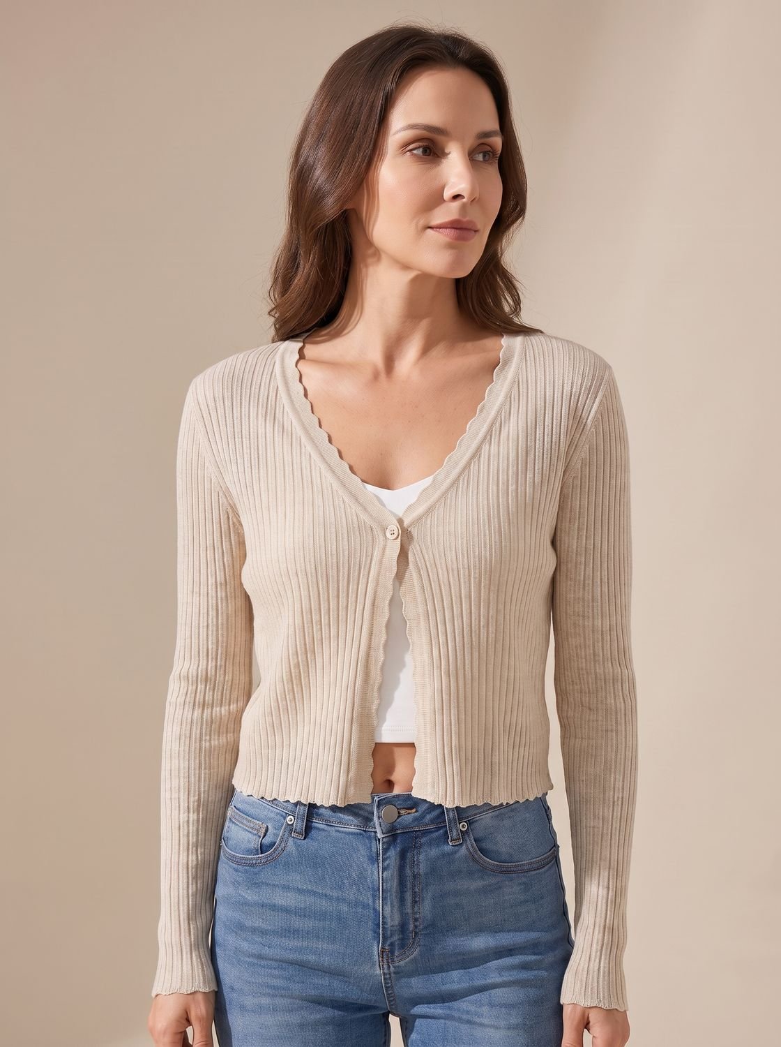 Women's lightweight summer knit cardigan with V-neckline and open button front
