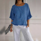 Women's linen blouse loose fit with round neck and fringe trim detail