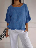 Women's linen blouse loose fit with round neck and fringe trim detail