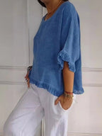 Women's linen blouse loose fit with round neck and fringe trim detail