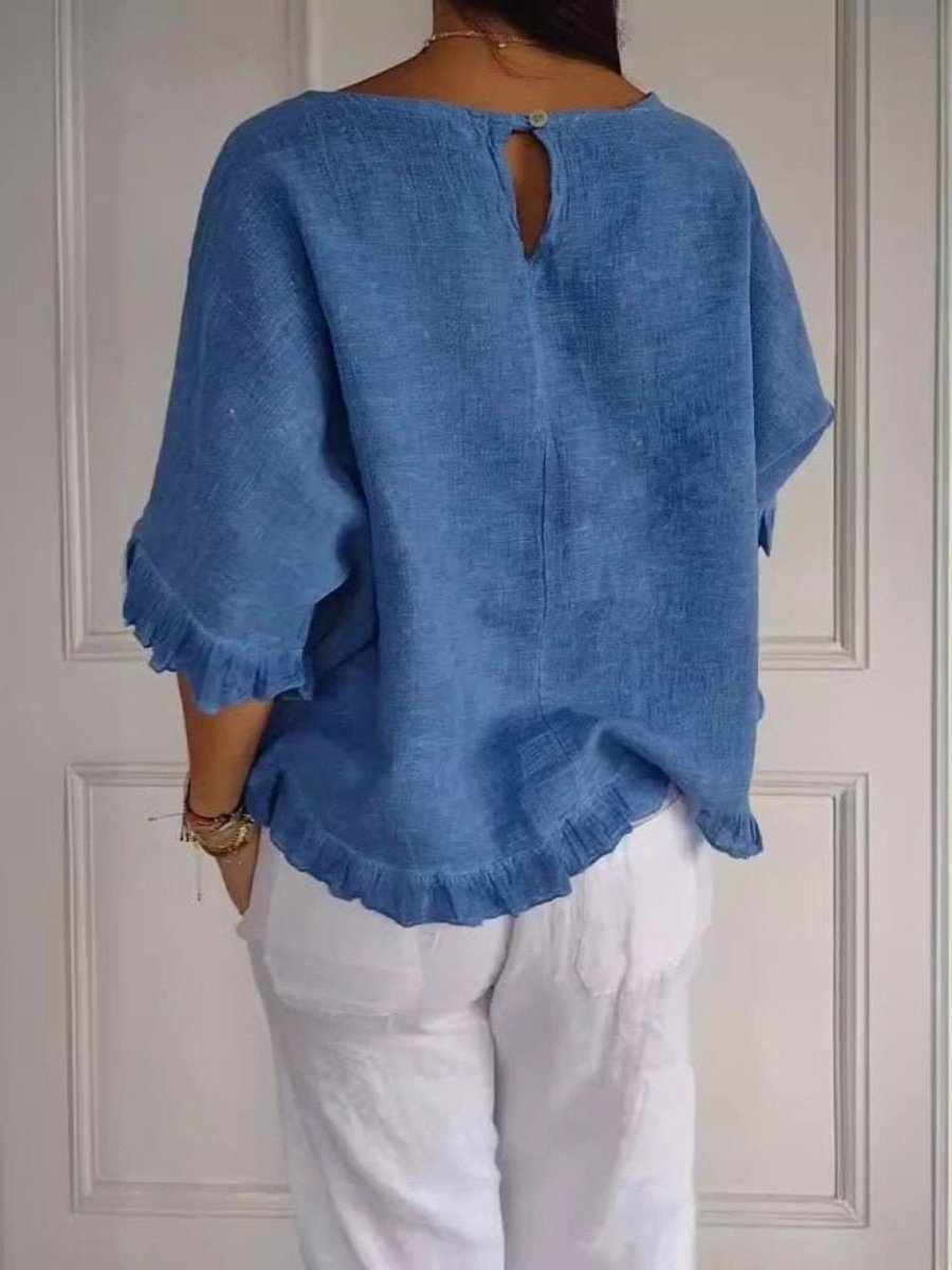 Women's linen blouse loose fit with round neck and fringe trim detail