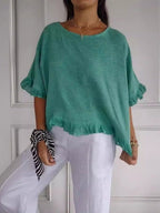 Women's linen blouse loose fit with round neck and fringe trim detail