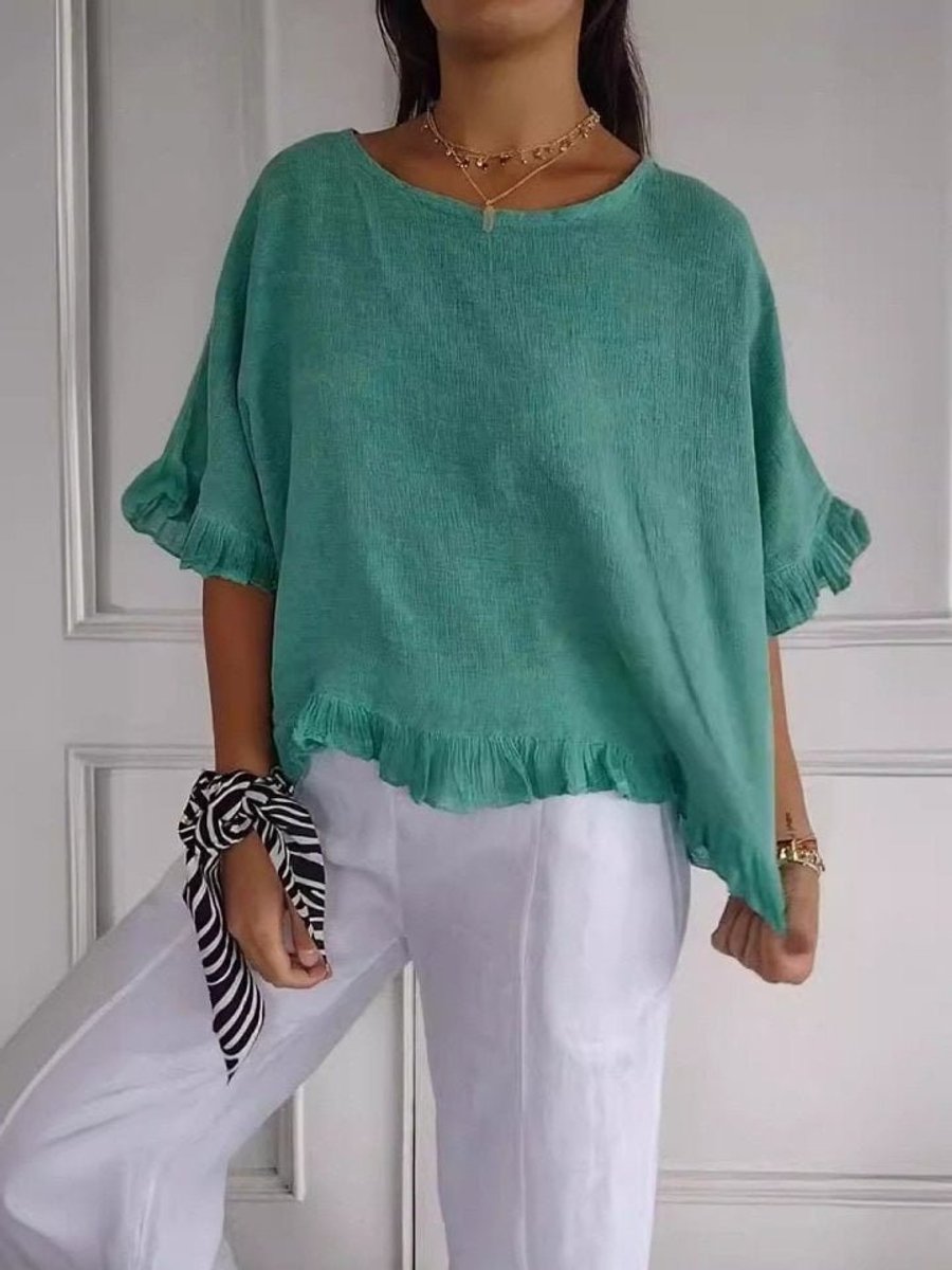 Women's linen blouse loose fit with round neck and fringe trim detail
