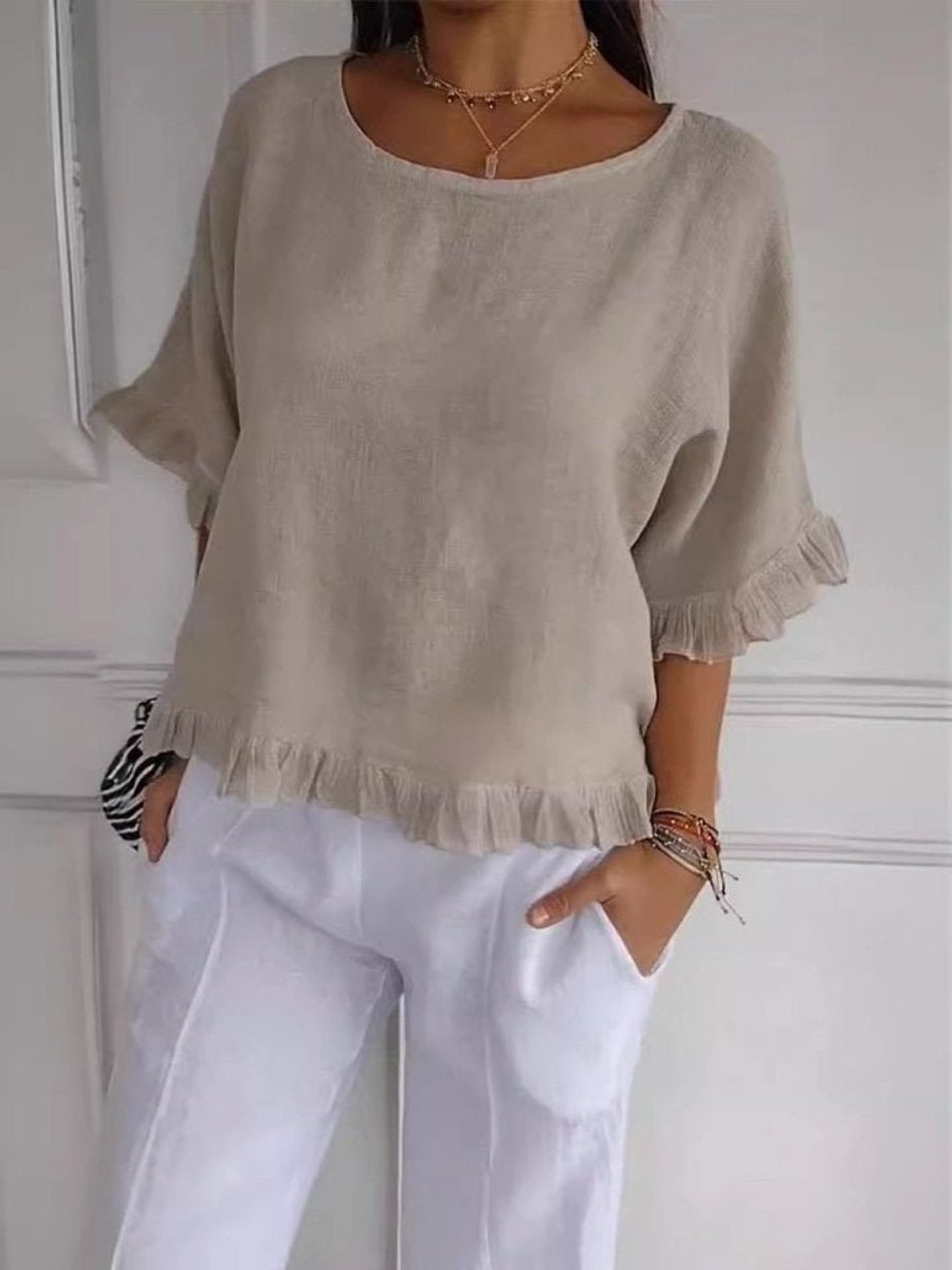 Women's linen blouse loose fit with round neck and fringe trim detail