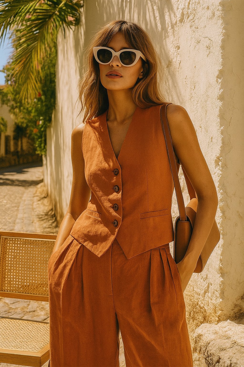 Women's linen two-piece set with wide-leg pleated trousers and button-up vest, summer