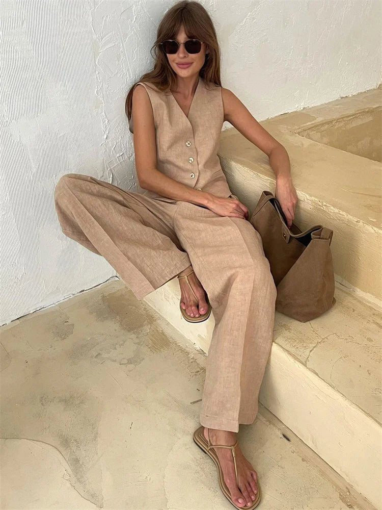 Women's linen two-piece set with wide-leg pleated trousers and button-up vest, summer