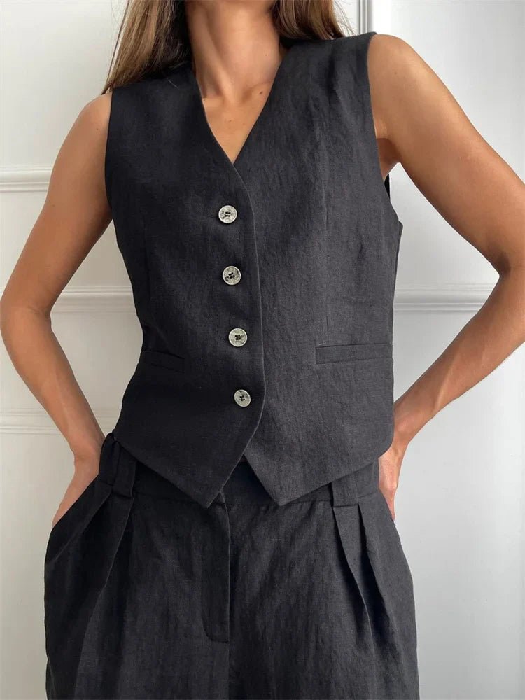 Women's linen two-piece set with wide-leg pleated trousers and button-up vest, summer