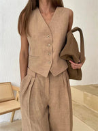 Women's linen two-piece set with wide-leg pleated trousers and button-up vest, summer