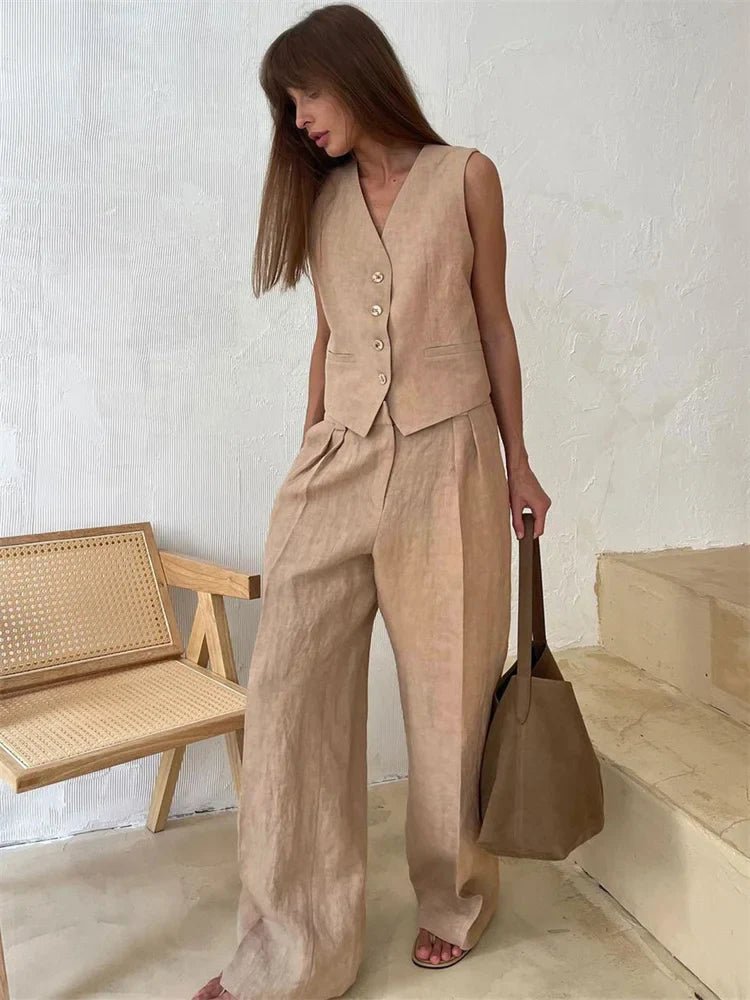 Women's linen two-piece set with wide-leg pleated trousers and button-up vest, summer