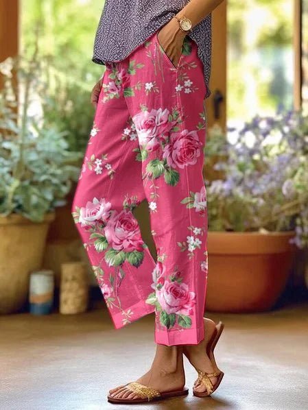 Women floral wide leg trousers mid rise with side pockets boho style