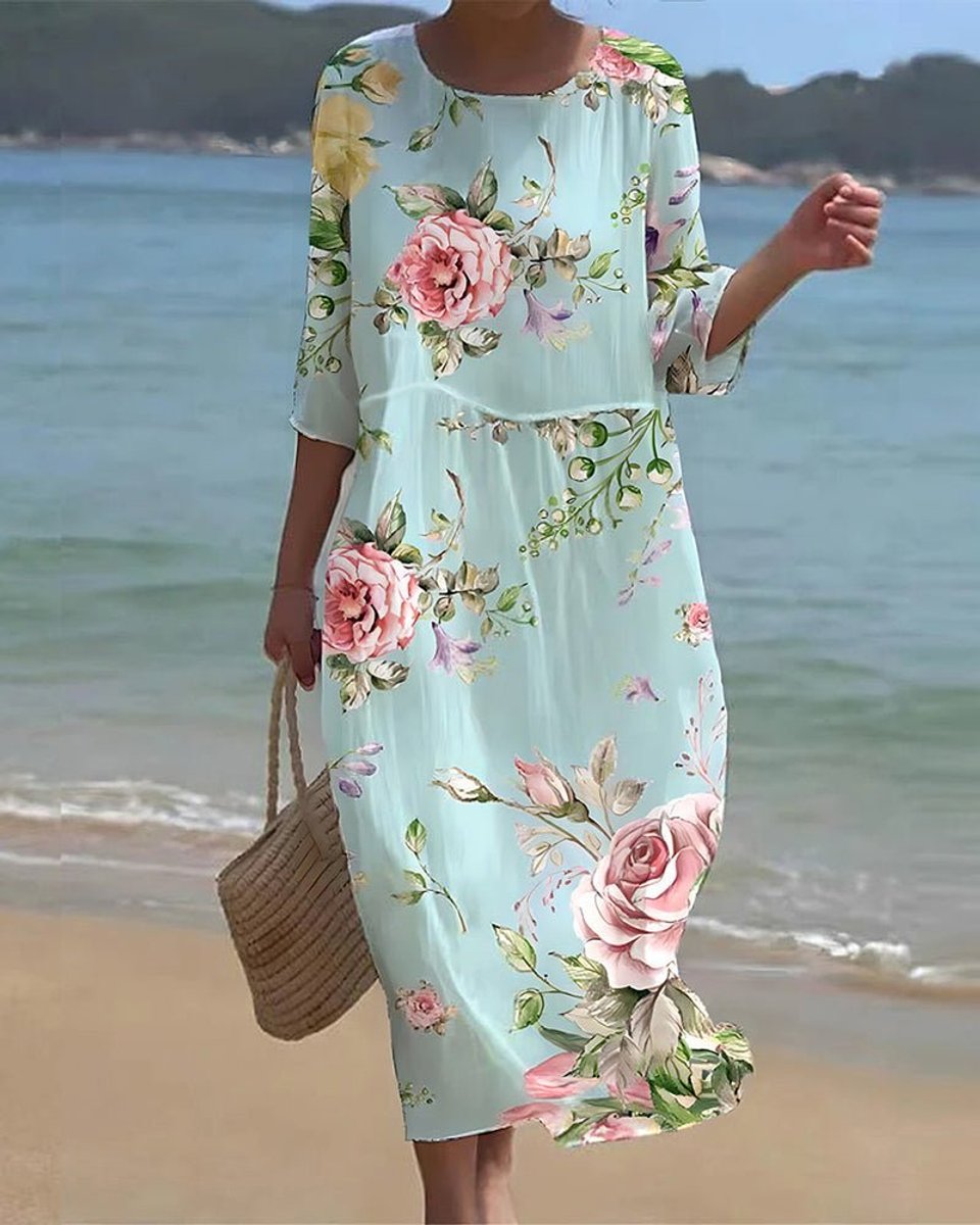 Women's midi summer dress with floral print and 3/4 sleeves, flowing fit