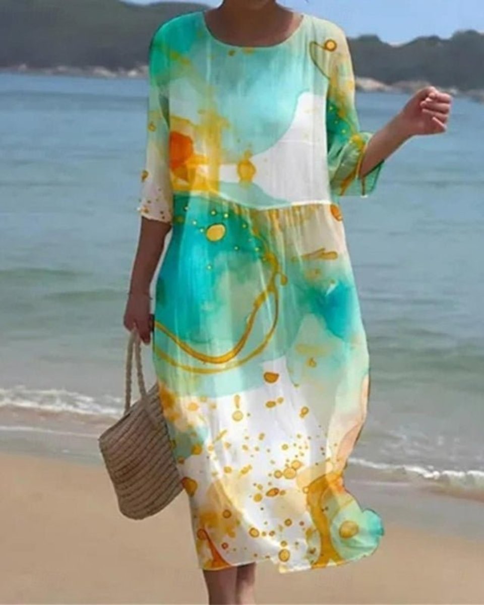 Women's midi summer dress with floral print and 3/4 sleeves, flowing fit