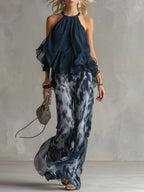 Women 2 Piece Halter Neck Wide Leg Palazzo Set navy blue printed trousers