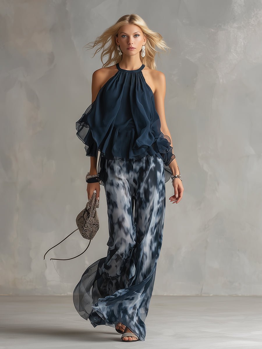 Women 2 Piece Halter Neck Wide Leg Palazzo Set navy blue printed trousers