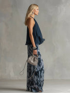 Women 2 Piece Halter Neck Wide Leg Palazzo Set navy blue printed trousers