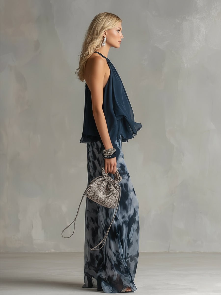 Women 2 Piece Halter Neck Wide Leg Palazzo Set navy blue printed trousers
