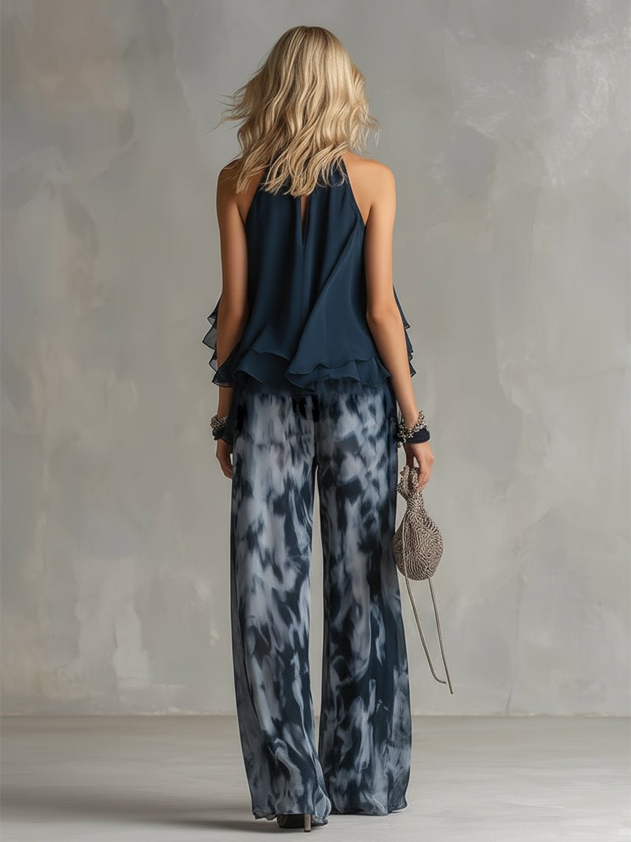Women 2 Piece Halter Neck Wide Leg Palazzo Set navy blue printed trousers