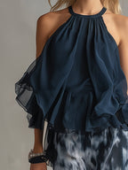 Women 2 Piece Halter Neck Wide Leg Palazzo Set navy blue printed trousers