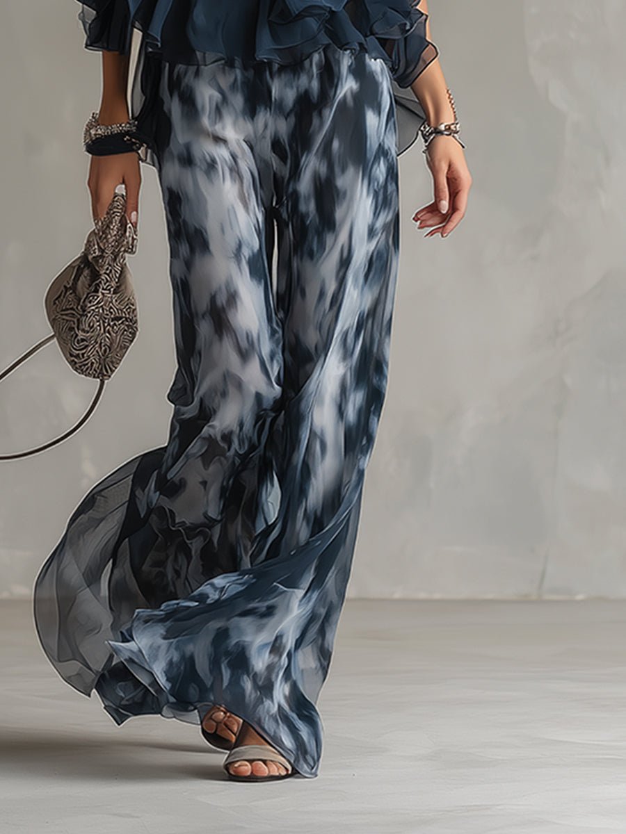 Women 2 Piece Halter Neck Wide Leg Palazzo Set navy blue printed trousers