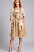 Women floral lace dirndl dress with lace-up bodice and semi-sheer blouse, knee-length