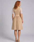 Women floral lace dirndl dress with lace-up bodice and semi-sheer blouse, knee-length