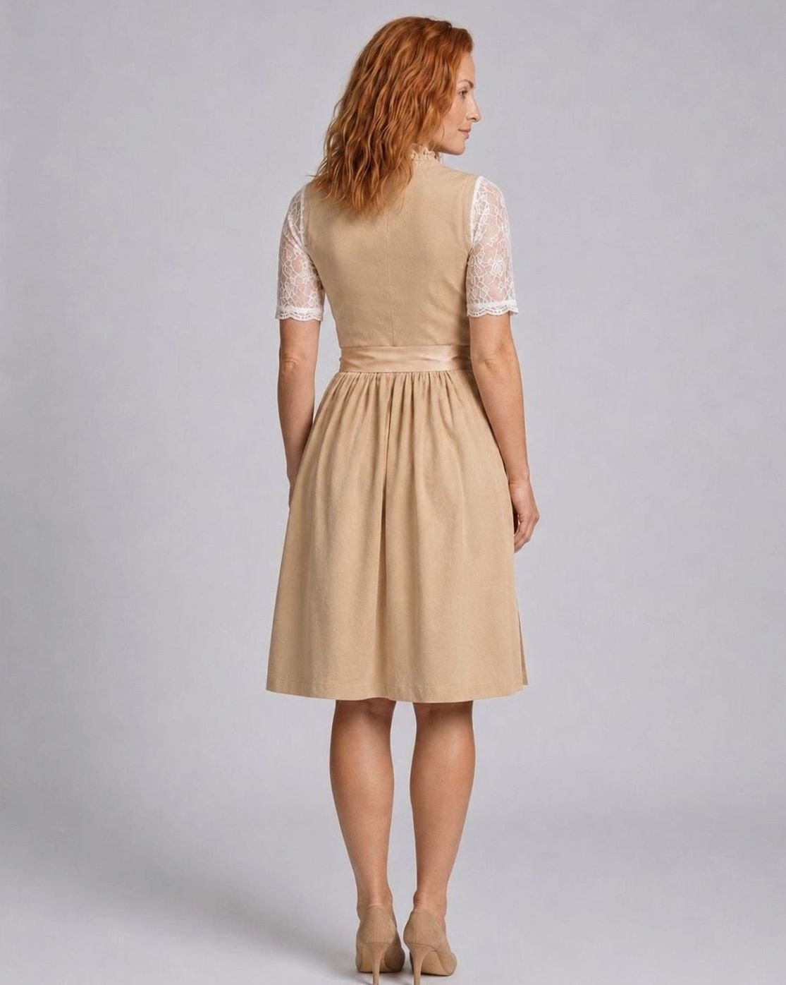 Women floral lace dirndl dress with lace-up bodice and semi-sheer blouse, knee-length