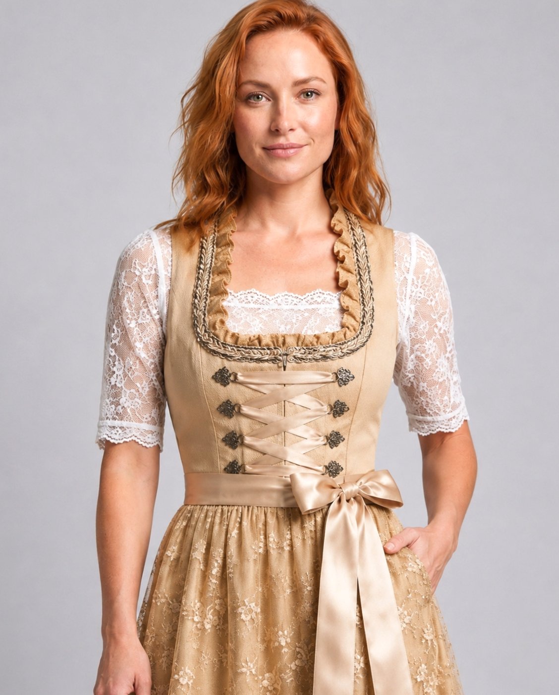 Women floral lace dirndl dress with lace-up bodice and semi-sheer blouse, knee-length