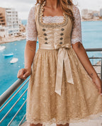 Women floral lace dirndl dress with lace-up bodice and semi-sheer blouse, knee-length