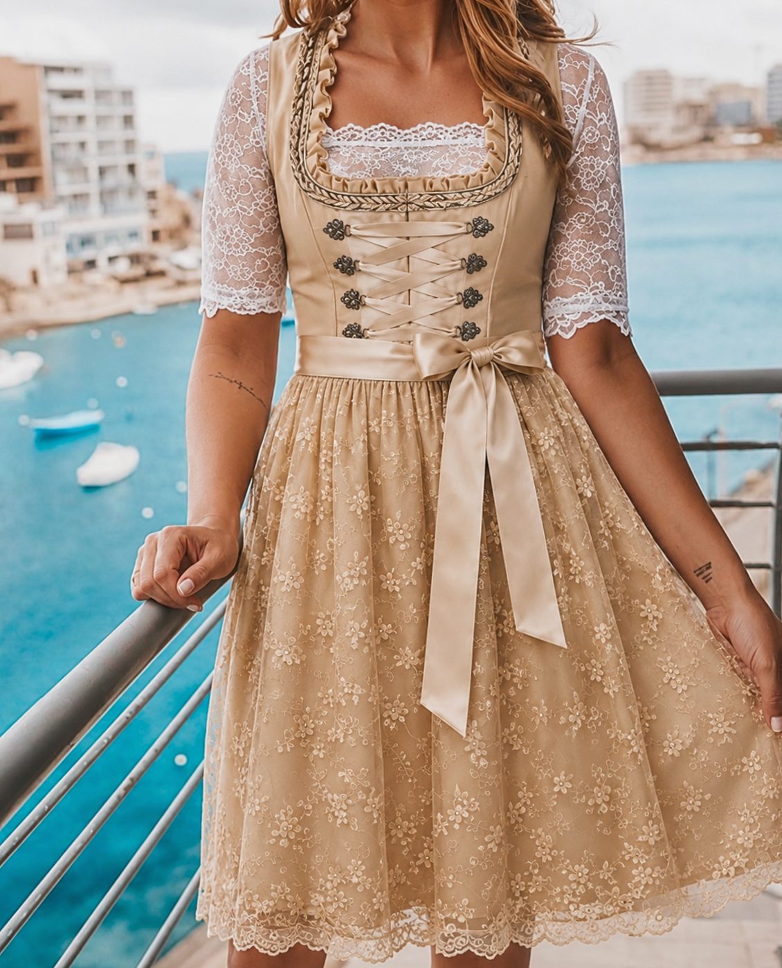Women floral lace dirndl dress with lace-up bodice and semi-sheer blouse, knee-length