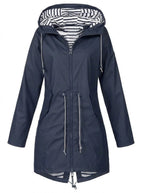 Women water resistant hooded rain coat with adjustable drawstring waist