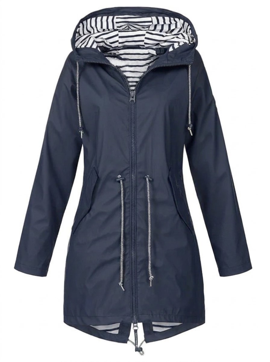 Women water resistant hooded rain coat with adjustable drawstring waist