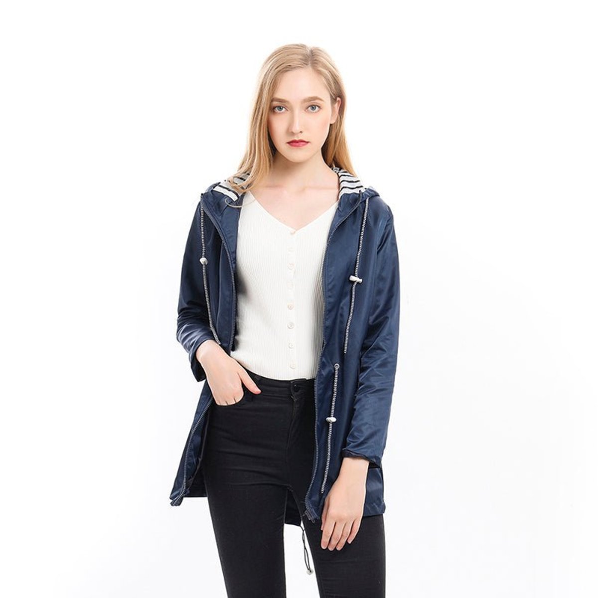 Women water resistant hooded rain coat with adjustable drawstring waist