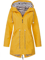 Women water resistant hooded rain coat with adjustable drawstring waist