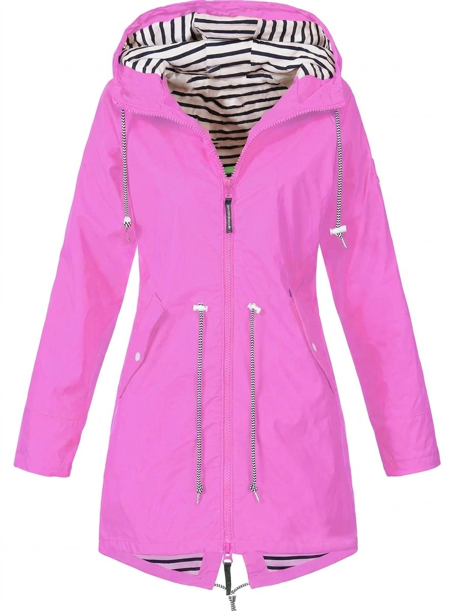 Women water resistant hooded rain coat with adjustable drawstring waist